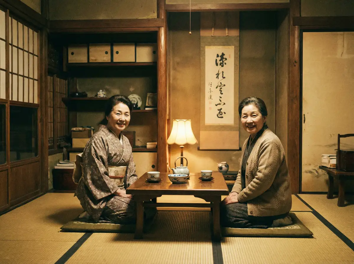 两位优雅的 天美传媒影视MV 在日式茶室中品茶交谈